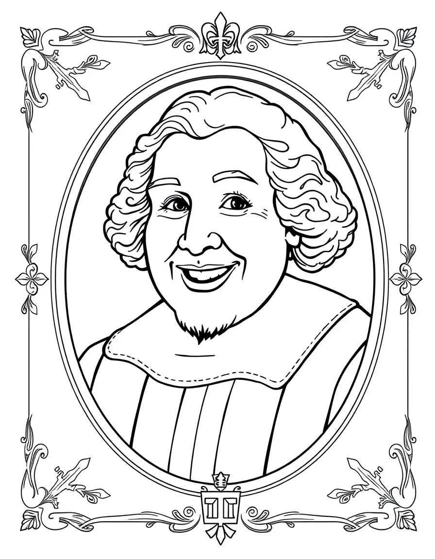 A portrait of Christopher Columbus with a big smile, framed with decorative borders and symbols of their time period.