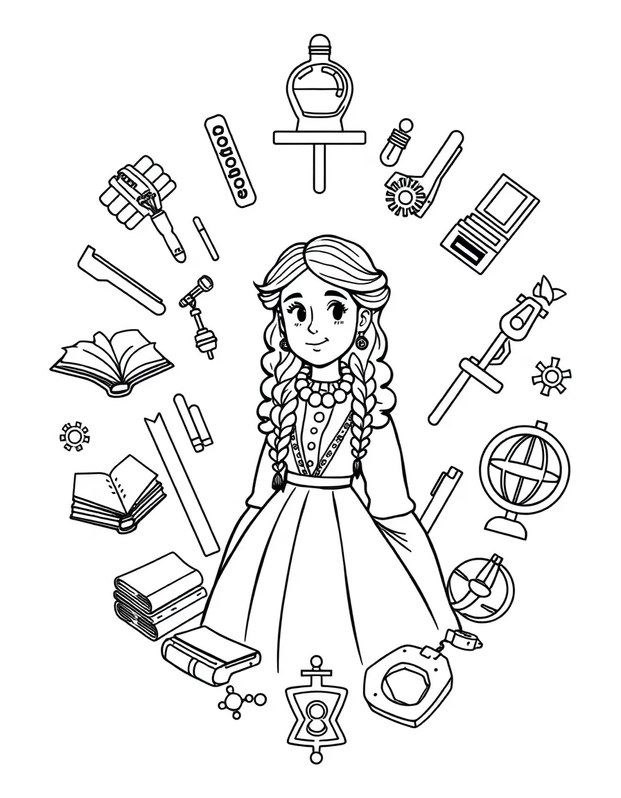 A cartoon-style drawing of Ada Lovelace surrounded by symbols of their achievements, like books, tools, or globes.