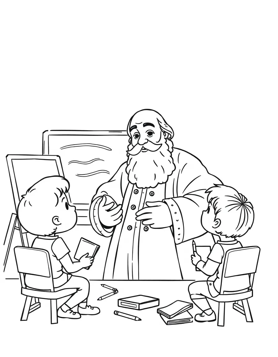 Galileo Galilei teaching children, with educational items like chalkboards and pencils, in a friendly classroom scene.