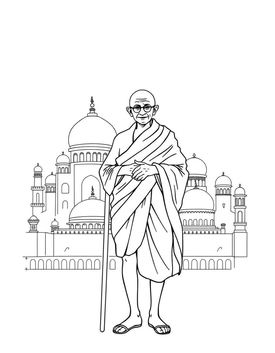 Mahatma Gandhi standing proudly with historical landmarks in the background, drawn with clear bold lines for coloring.