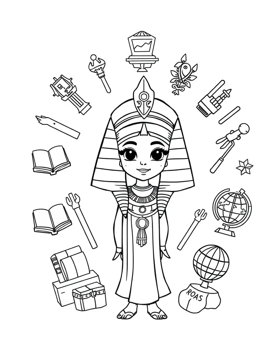 A cartoon-style drawing of Cleopatra surrounded by symbols of their achievements, like books, tools, or globes.