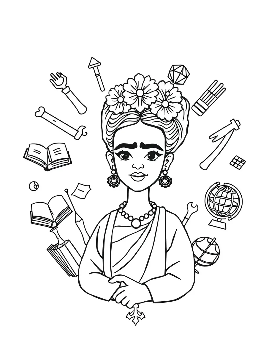 A cartoon-style drawing of Frida Kahlo surrounded by symbols of their achievements, like books, tools, or globes.