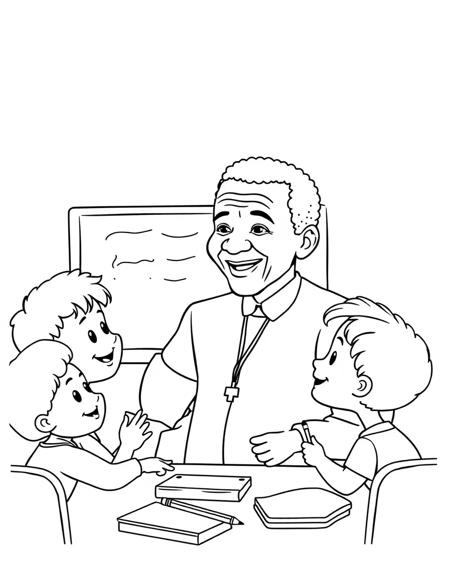 Nelson Mandela teaching children, with educational items like chalkboards and pencils, in a friendly classroom scene.