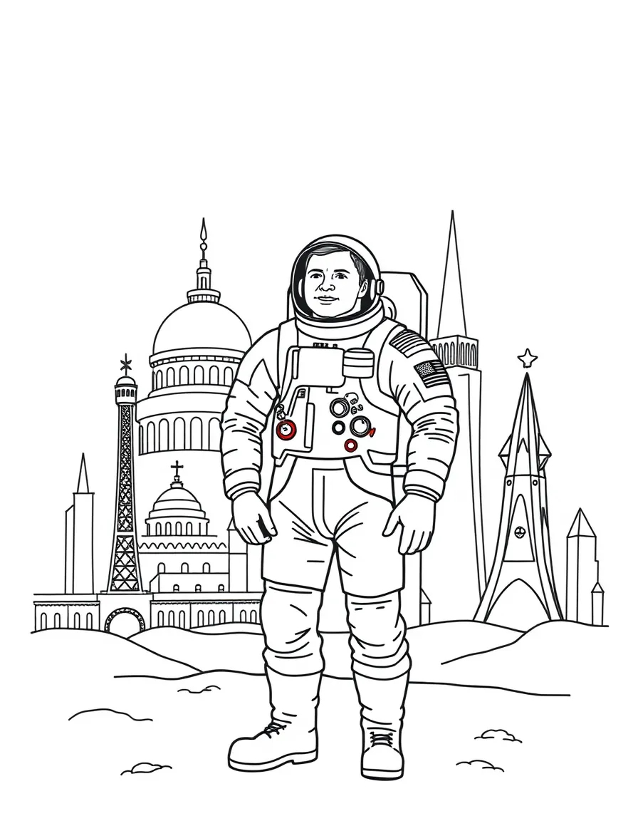 Neil Armstrong standing proudly with historical landmarks in the background, drawn with clear bold lines for coloring.