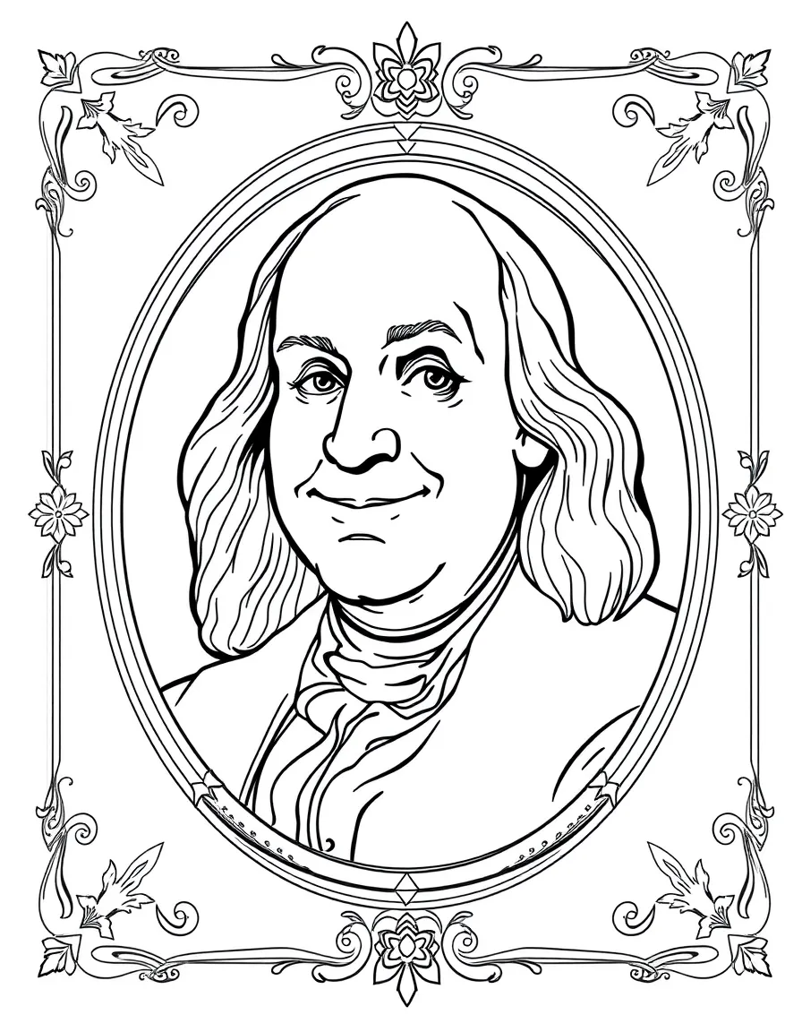 A portrait of Benjamin Franklin with a big smile, framed with decorative borders and symbols of their time period.