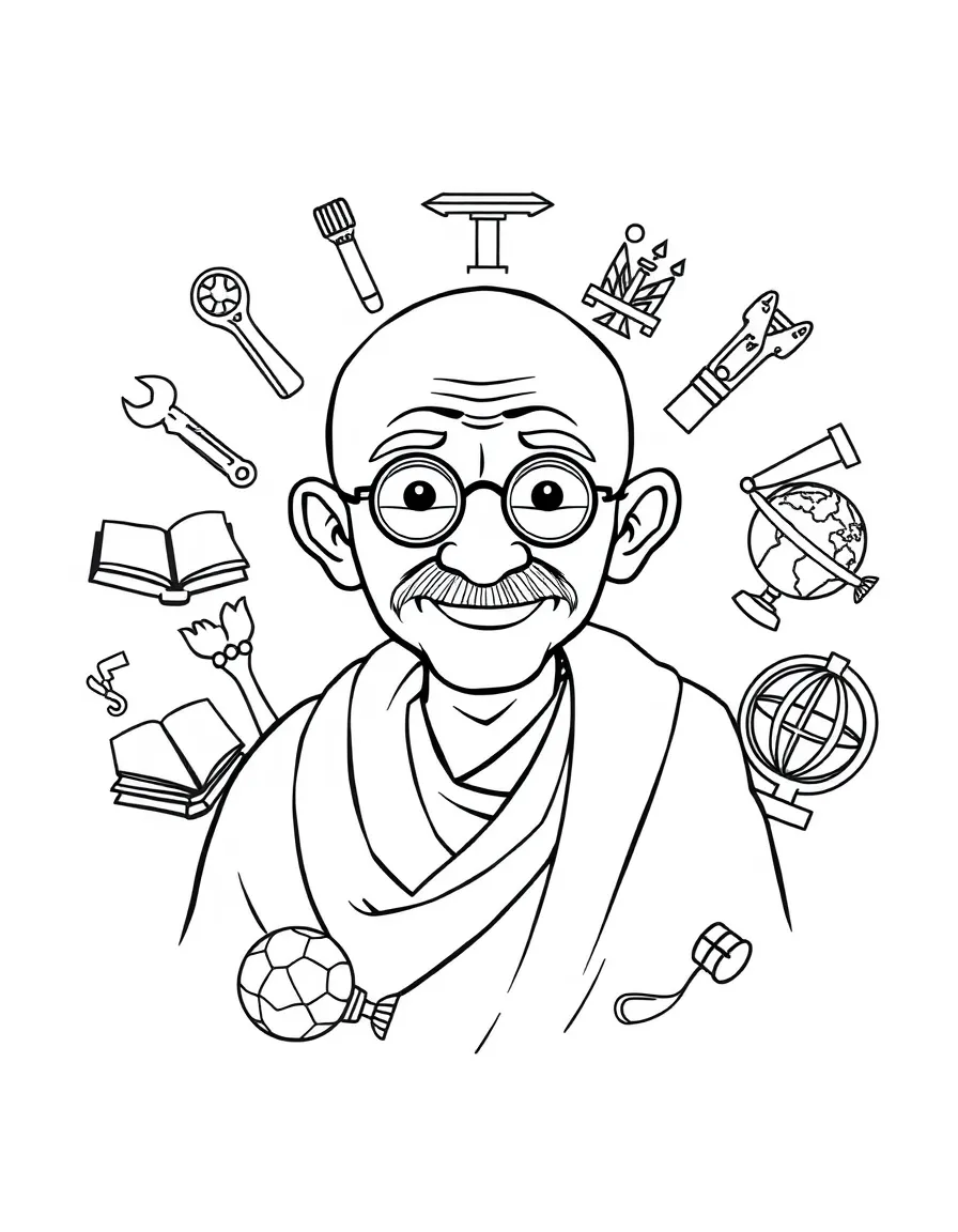 A cartoon-style drawing of Mahatma Gandhi surrounded by symbols of their achievements, like books, tools, or globes.