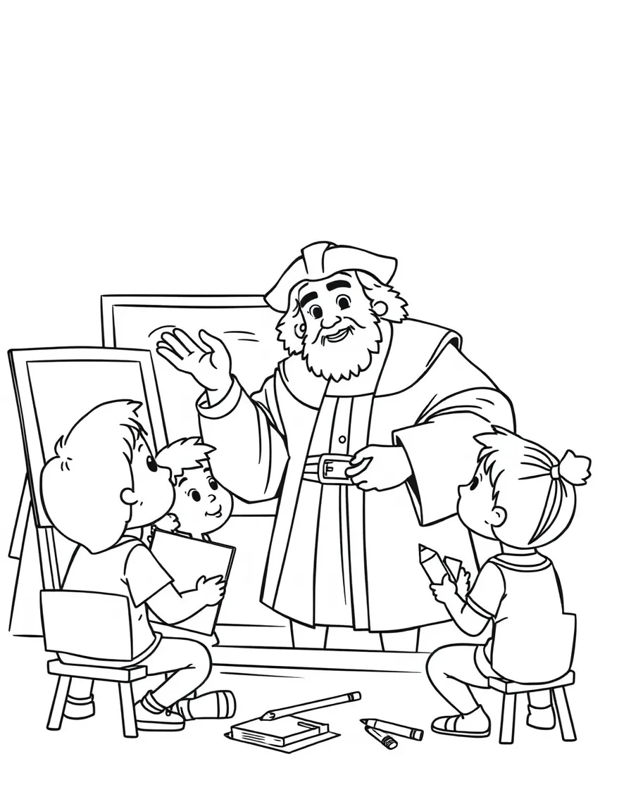 Christopher Columbus teaching children, with educational items like chalkboards and pencils, in a friendly classroom scene.