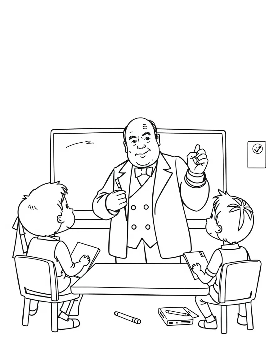 Winston Churchill teaching children, with educational items like chalkboards and pencils, in a friendly classroom scene.