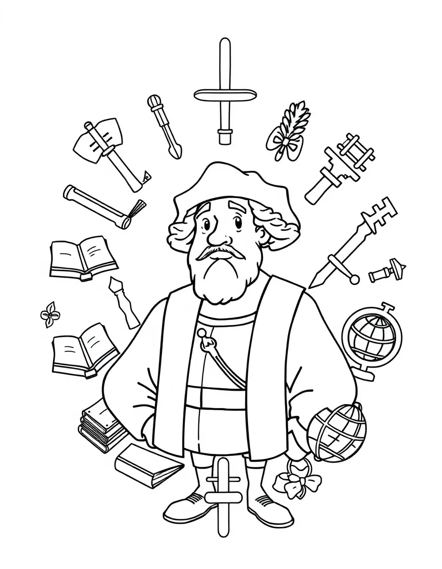 A cartoon-style drawing of Christopher Columbus surrounded by symbols of their achievements, like books, tools, or globes.