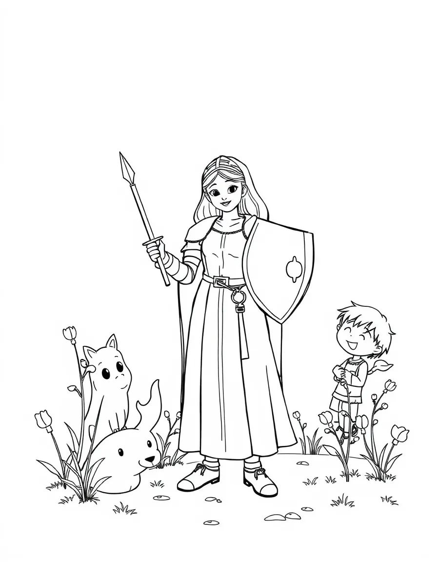 A playful scene showing Joan of Arc in a historical outfit with animals, plants, or kids nearby.