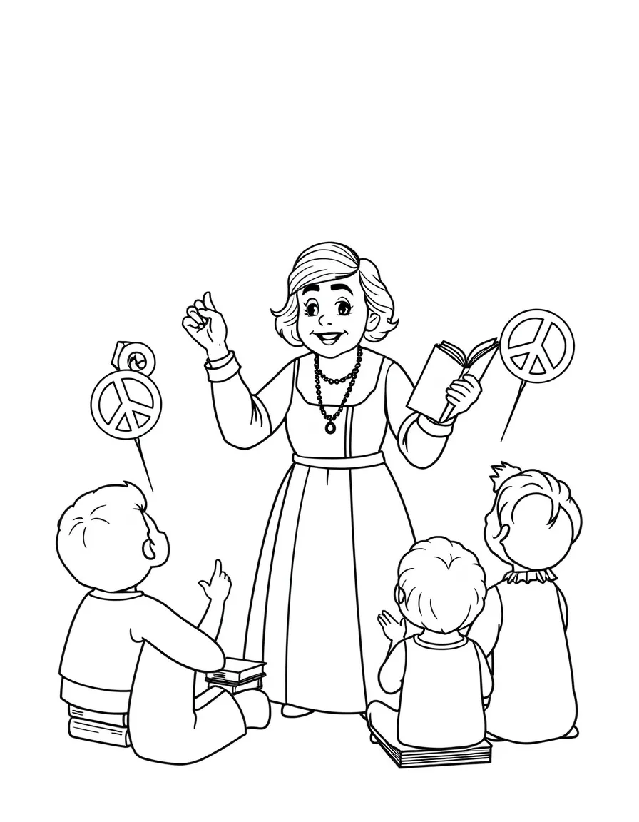 A fun coloring page of Helen Keller giving a speech to children with books and peace signs around.