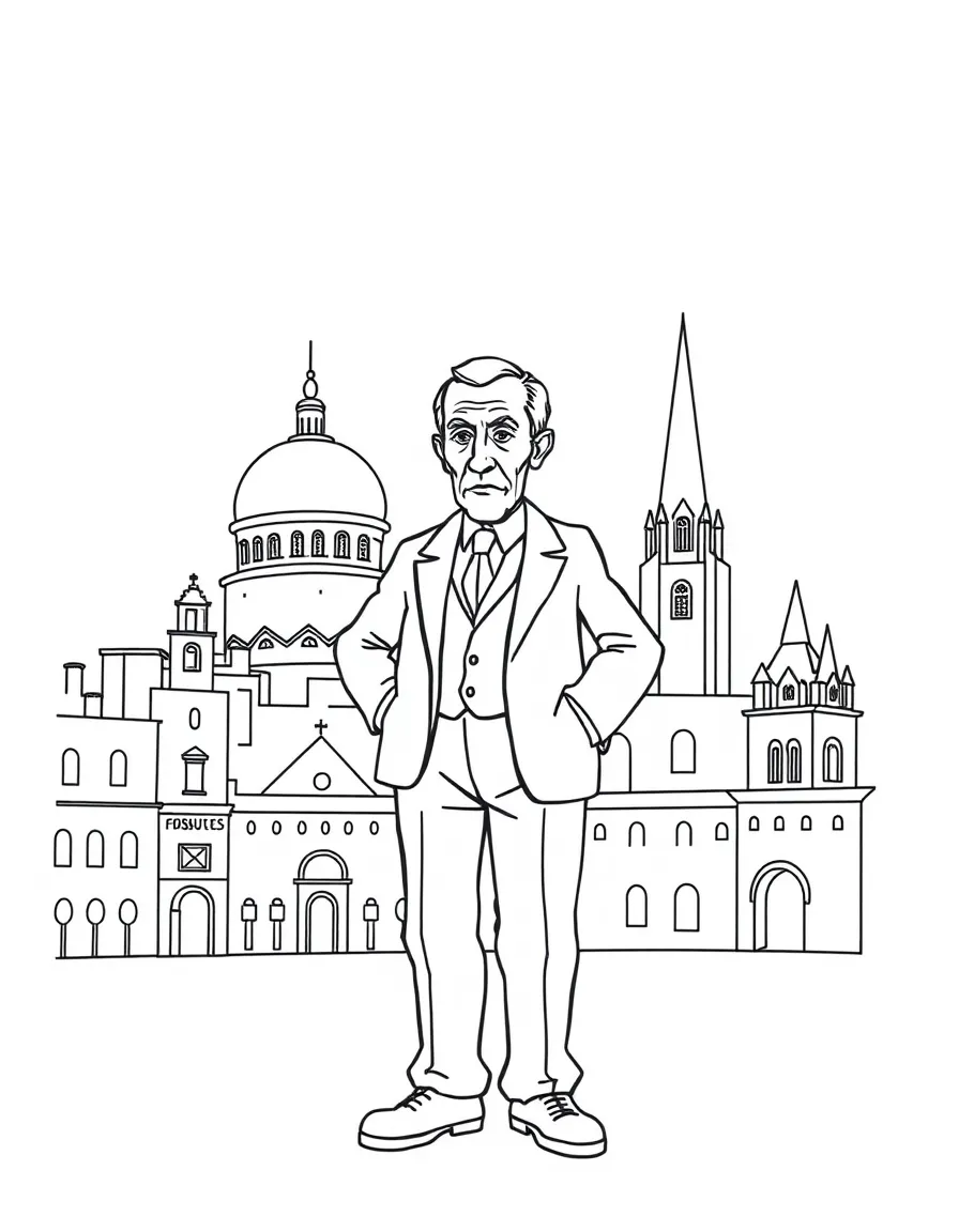 Pablo Picasso standing proudly with historical landmarks in the background, drawn with clear bold lines for coloring.