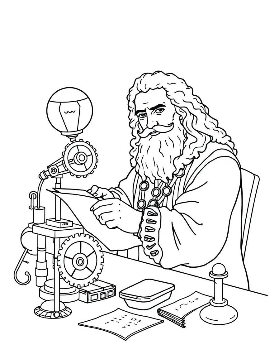 Leonardo da Vinci working on their famous invention or idea, with gears, papers, or lab equipment drawn simply.