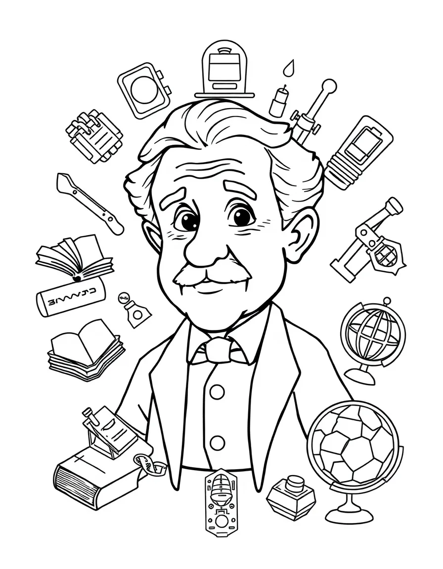 A cartoon-style drawing of Thomas Edison surrounded by symbols of their achievements, like books, tools, or globes.