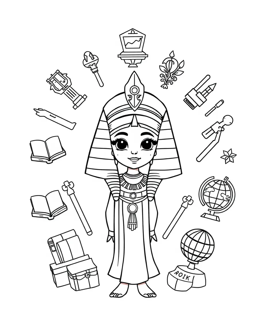 A cartoon-style drawing of Cleopatra surrounded by symbols of their achievements, like books, tools, or globes.