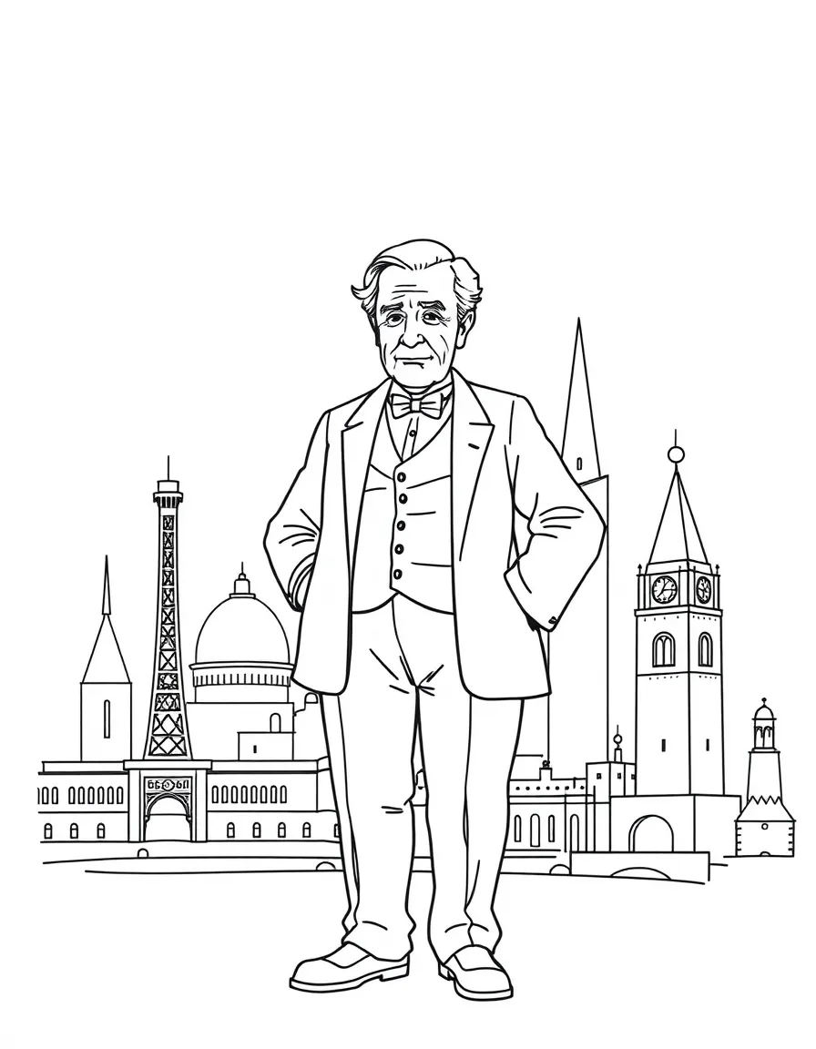 Thomas Edison standing proudly with historical landmarks in the background, drawn with clear bold lines for coloring.