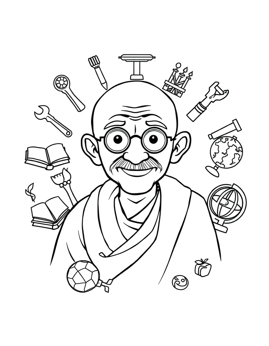 A cartoon-style drawing of Mahatma Gandhi surrounded by symbols of their achievements, like books, tools, or globes.