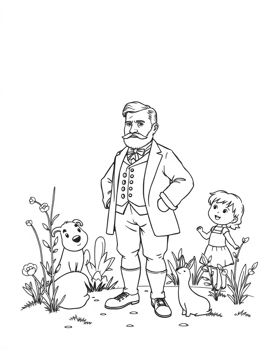 A playful scene showing Theodore Roosevelt in a historical outfit with animals, plants, or kids nearby.
