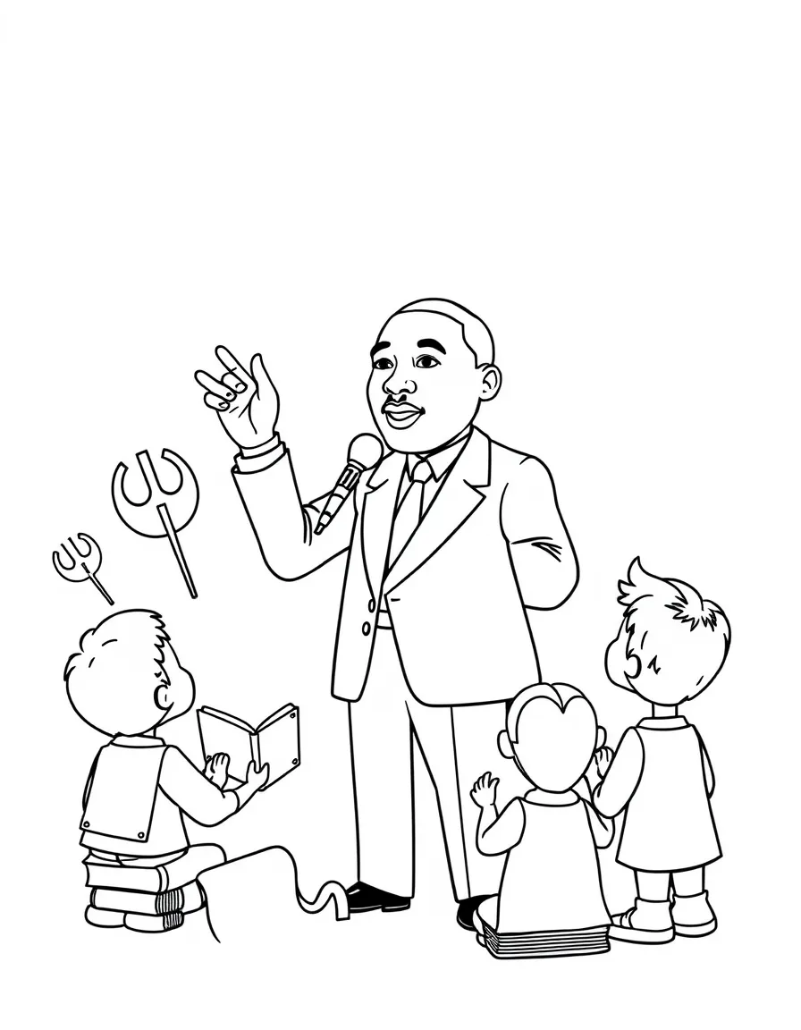 A fun coloring page of Martin Luther King Jr. giving a speech to children with books and peace signs around.