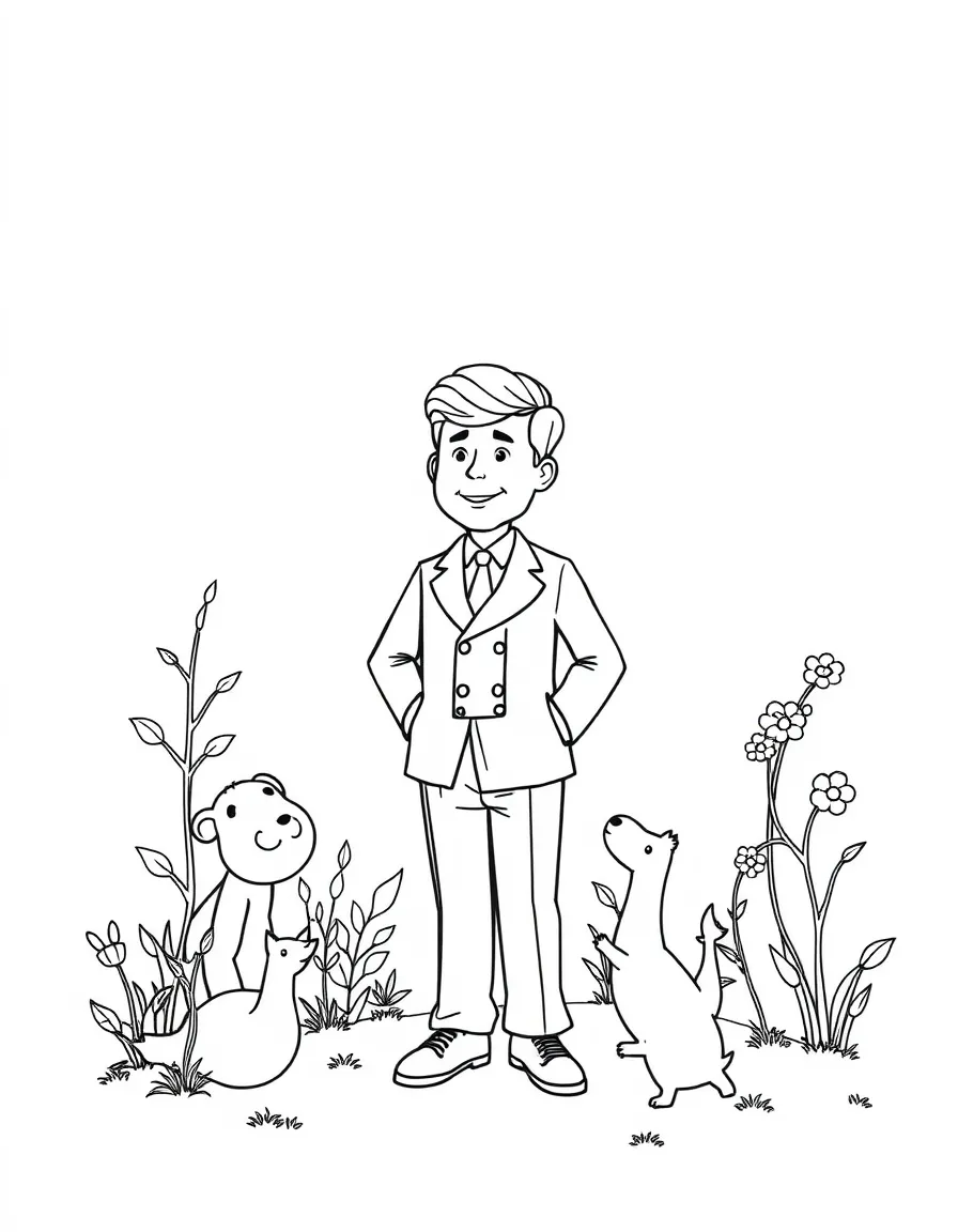 A playful scene showing John F. Kennedy in a historical outfit with animals, plants, or kids nearby.