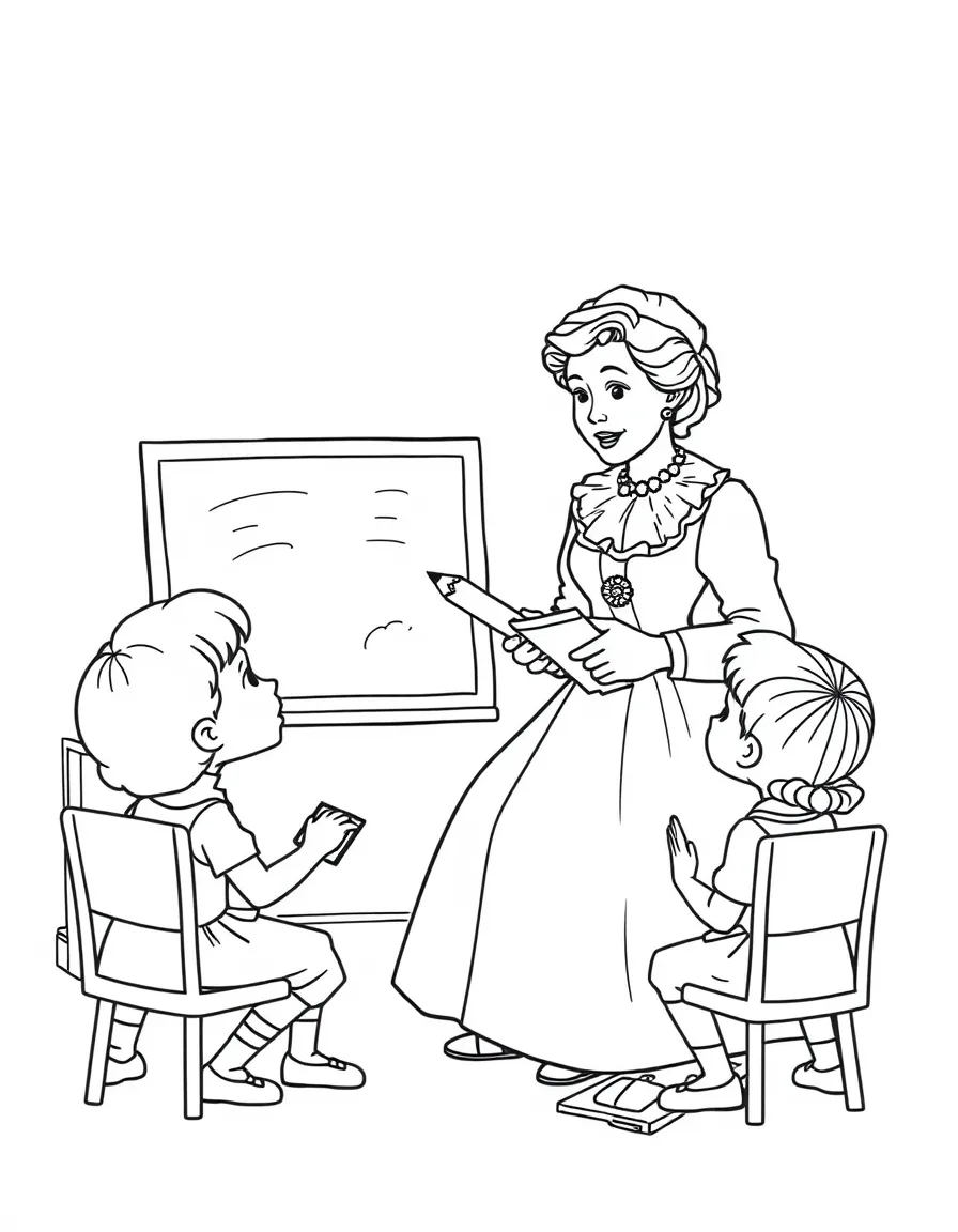 Jane Austen teaching children, with educational items like chalkboards and pencils, in a friendly classroom scene.