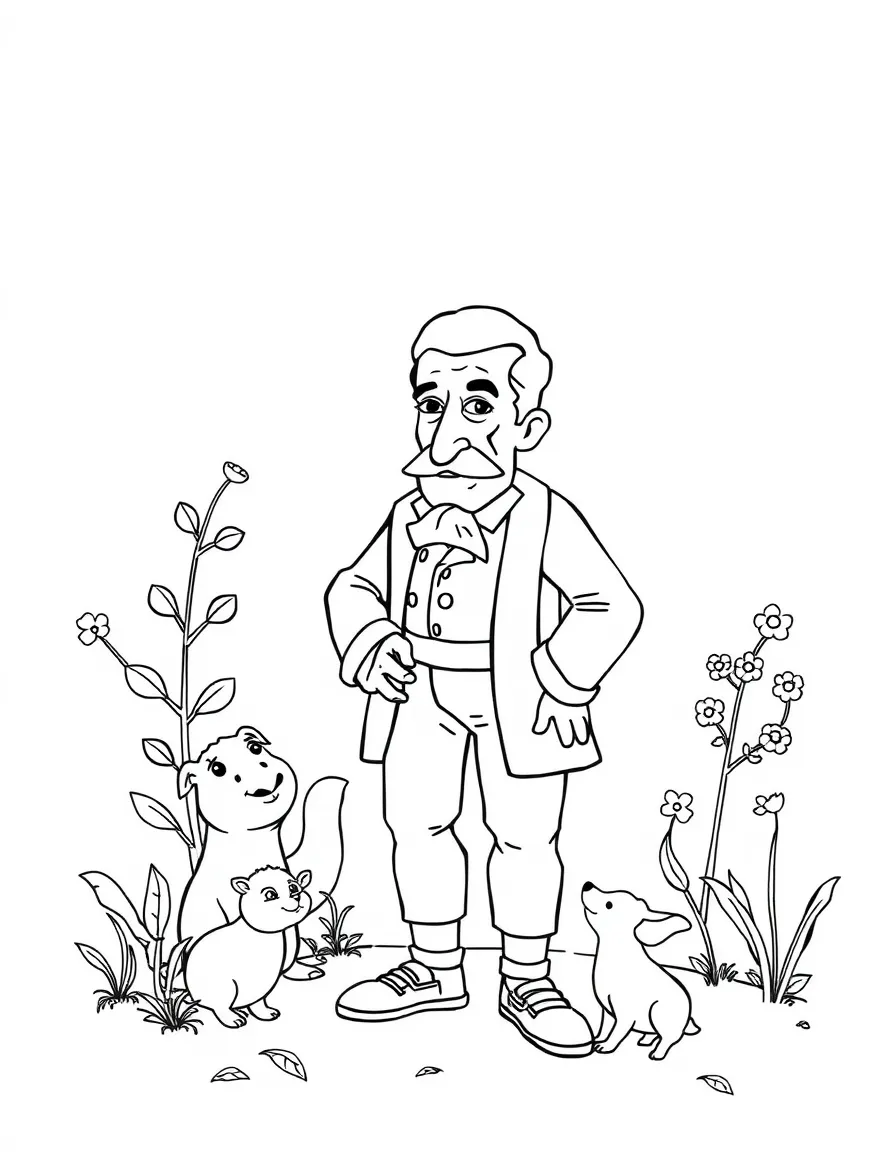 A playful scene showing Pablo Picasso in a historical outfit with animals, plants, or kids nearby.