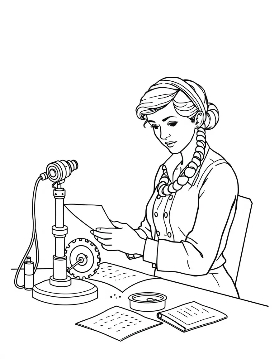 Amelia Earhart working on their famous invention or idea, with gears, papers, or lab equipment drawn simply.