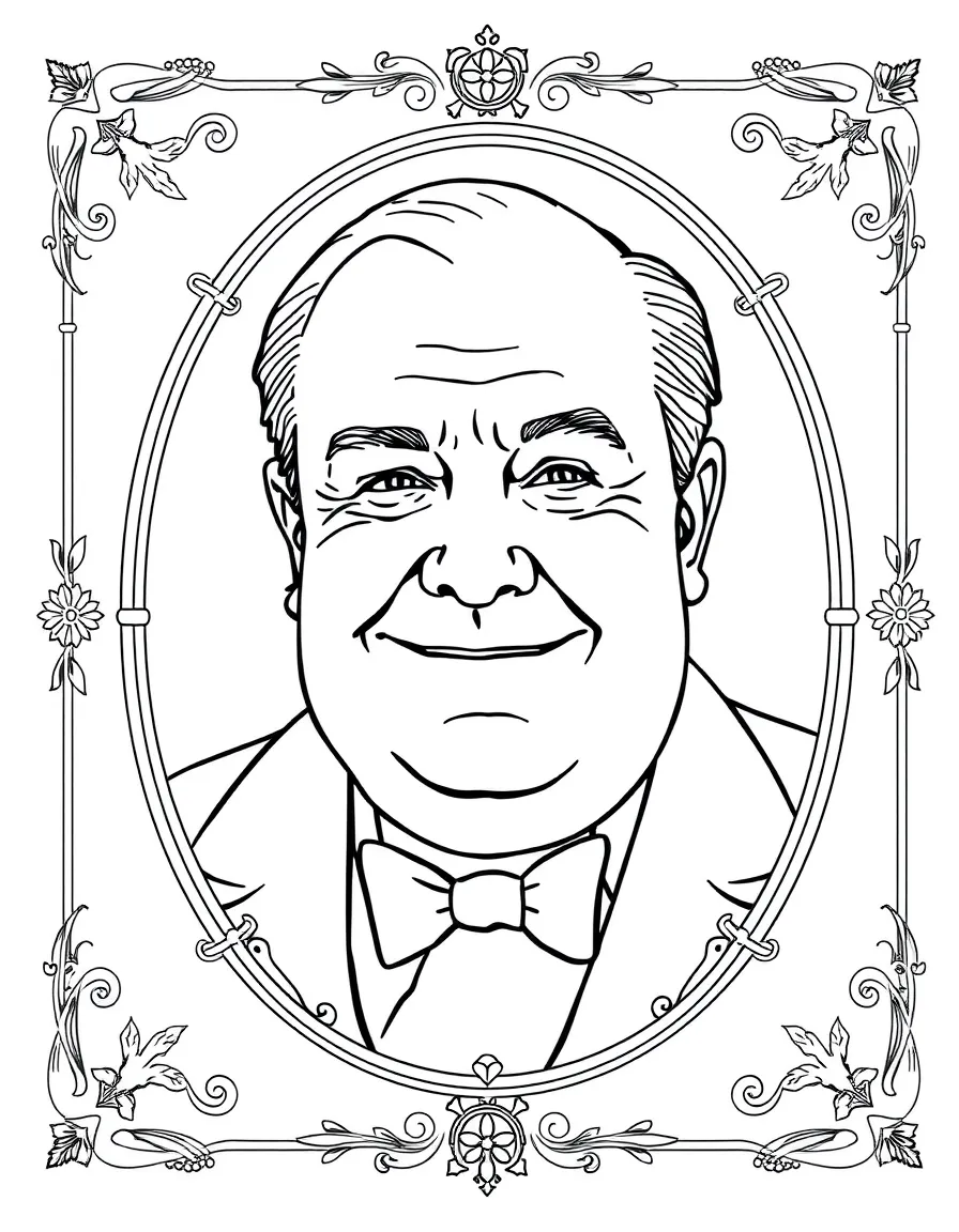 A portrait of Winston Churchill with a big smile, framed with decorative borders and symbols of their time period.