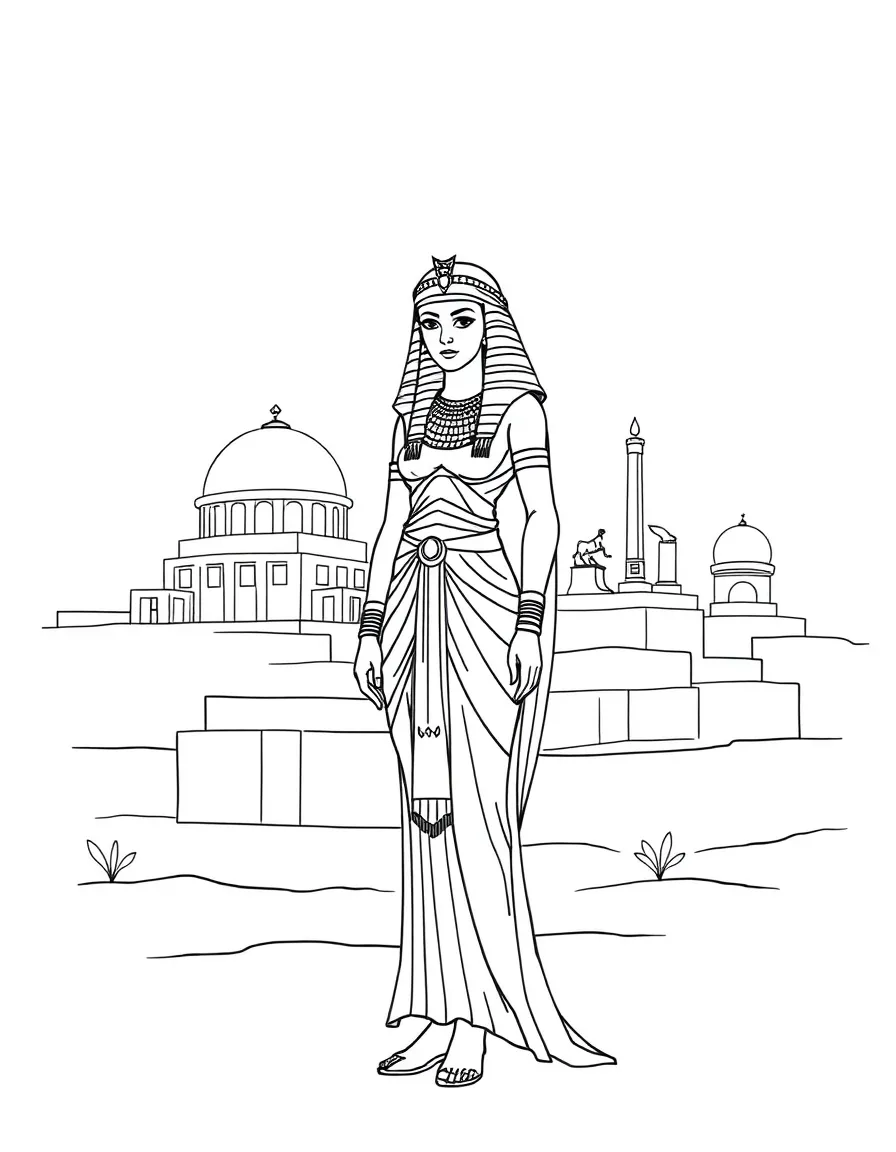 Cleopatra standing proudly with historical landmarks in the background, drawn with clear bold lines for coloring.