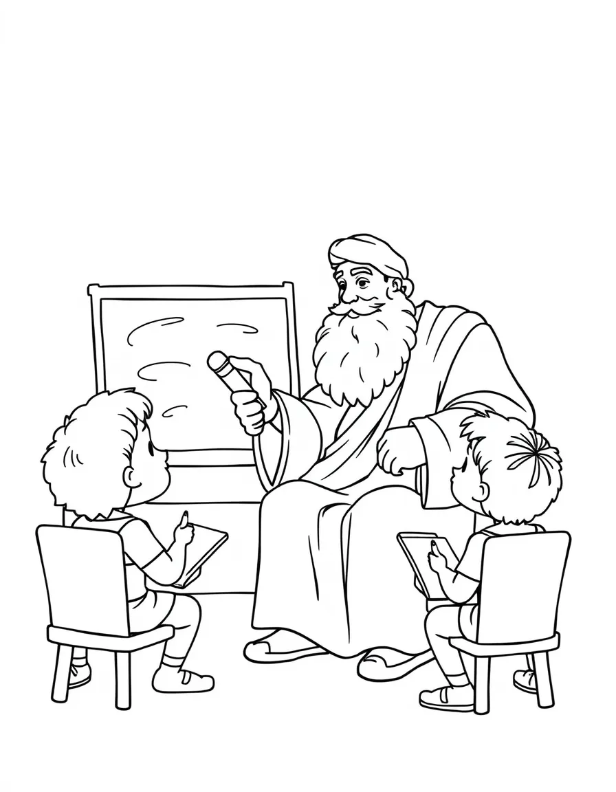 Socrates teaching children, with educational items like chalkboards and pencils, in a friendly classroom scene.