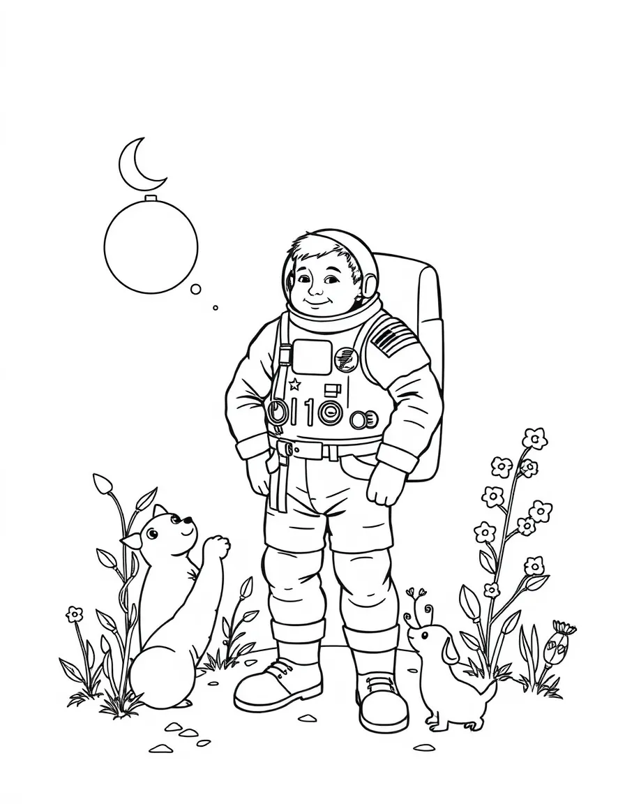 A playful scene showing Neil Armstrong in a historical outfit with animals, plants, or kids nearby.