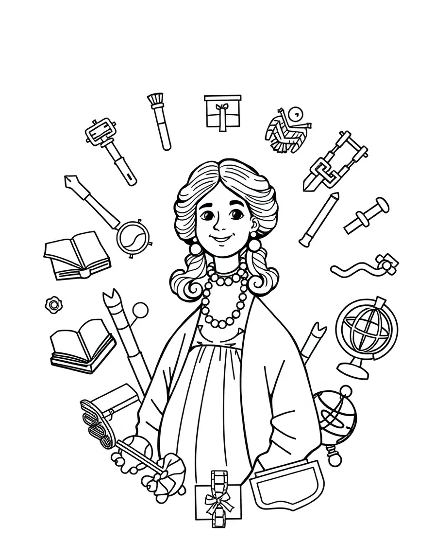 A cartoon-style drawing of Susan B. Anthony surrounded by symbols of their achievements, like books, tools, or globes.
