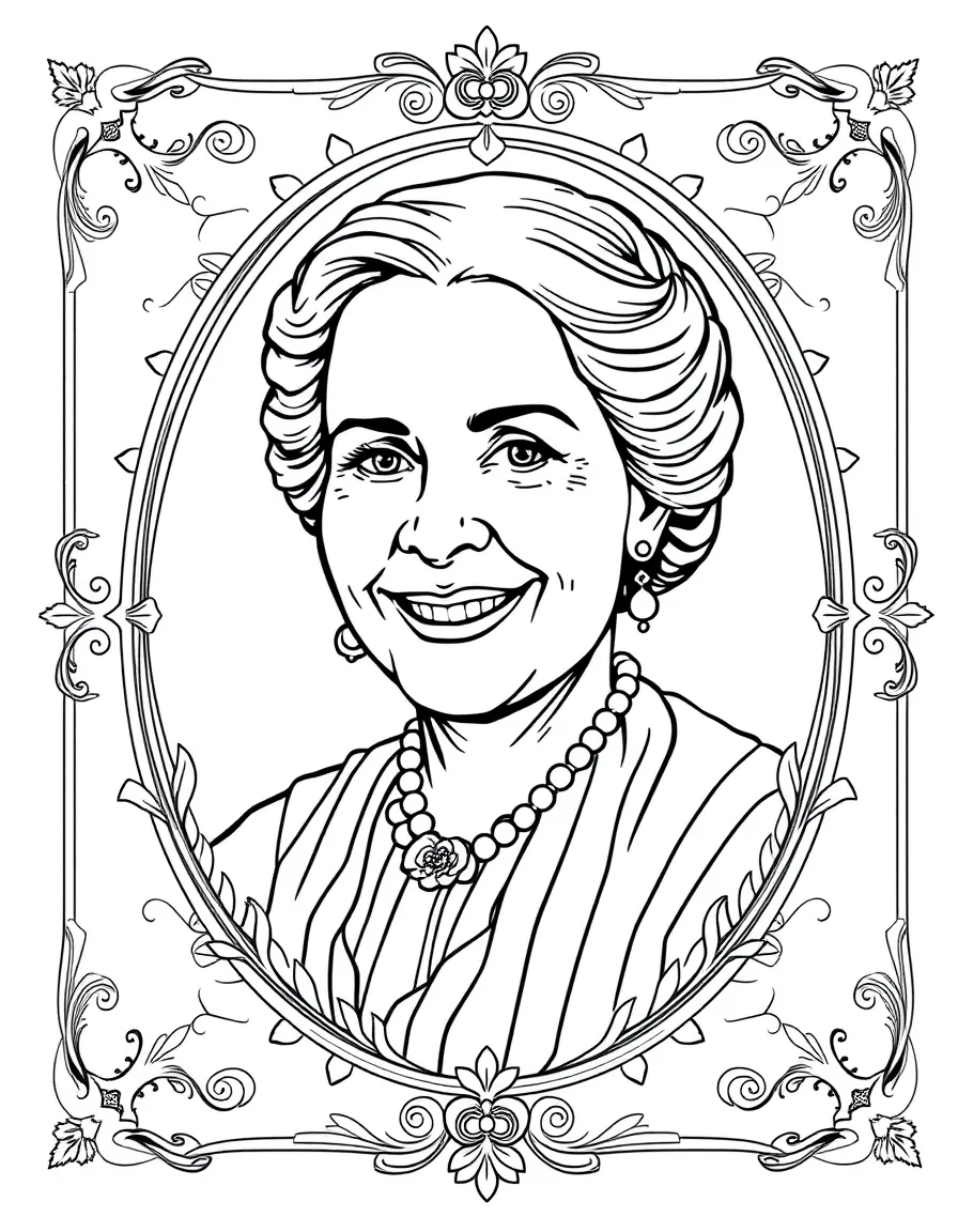 A portrait of Susan B. Anthony with a big smile, framed with decorative borders and symbols of their time period.