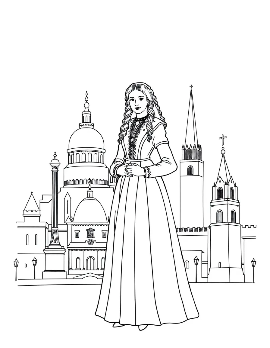 Ada Lovelace standing proudly with historical landmarks in the background, drawn with clear bold lines for coloring.