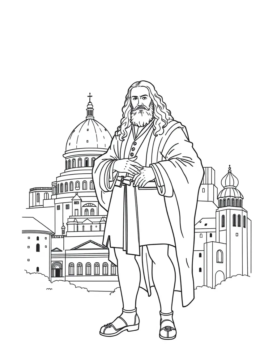 Leonardo da Vinci standing proudly with historical landmarks in the background, drawn with clear bold lines for coloring.