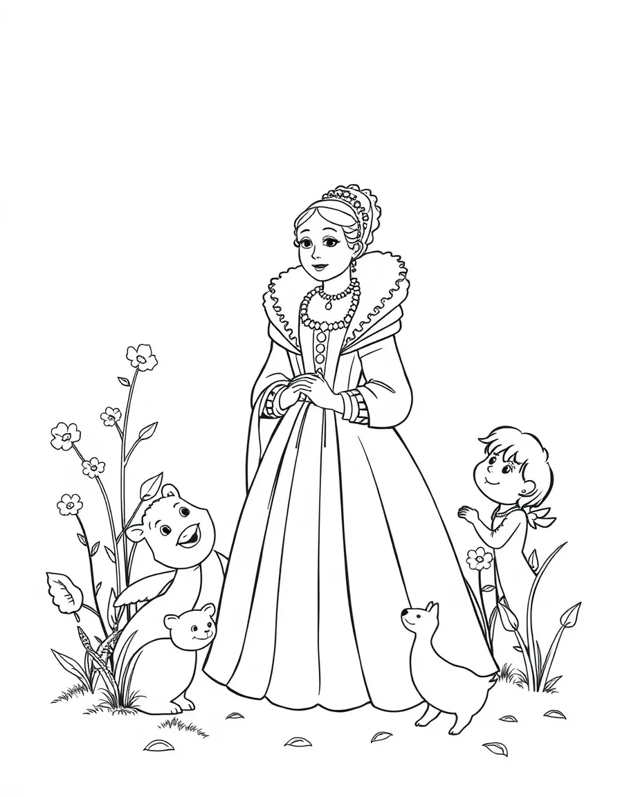 A playful scene showing Queen Elizabeth I in a historical outfit with animals, plants, or kids nearby.