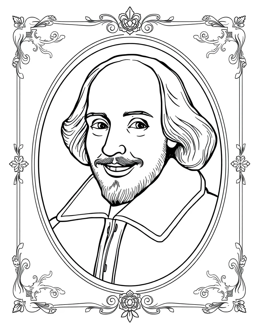 A portrait of William Shakespeare with a big smile, framed with decorative borders and symbols of their time period.