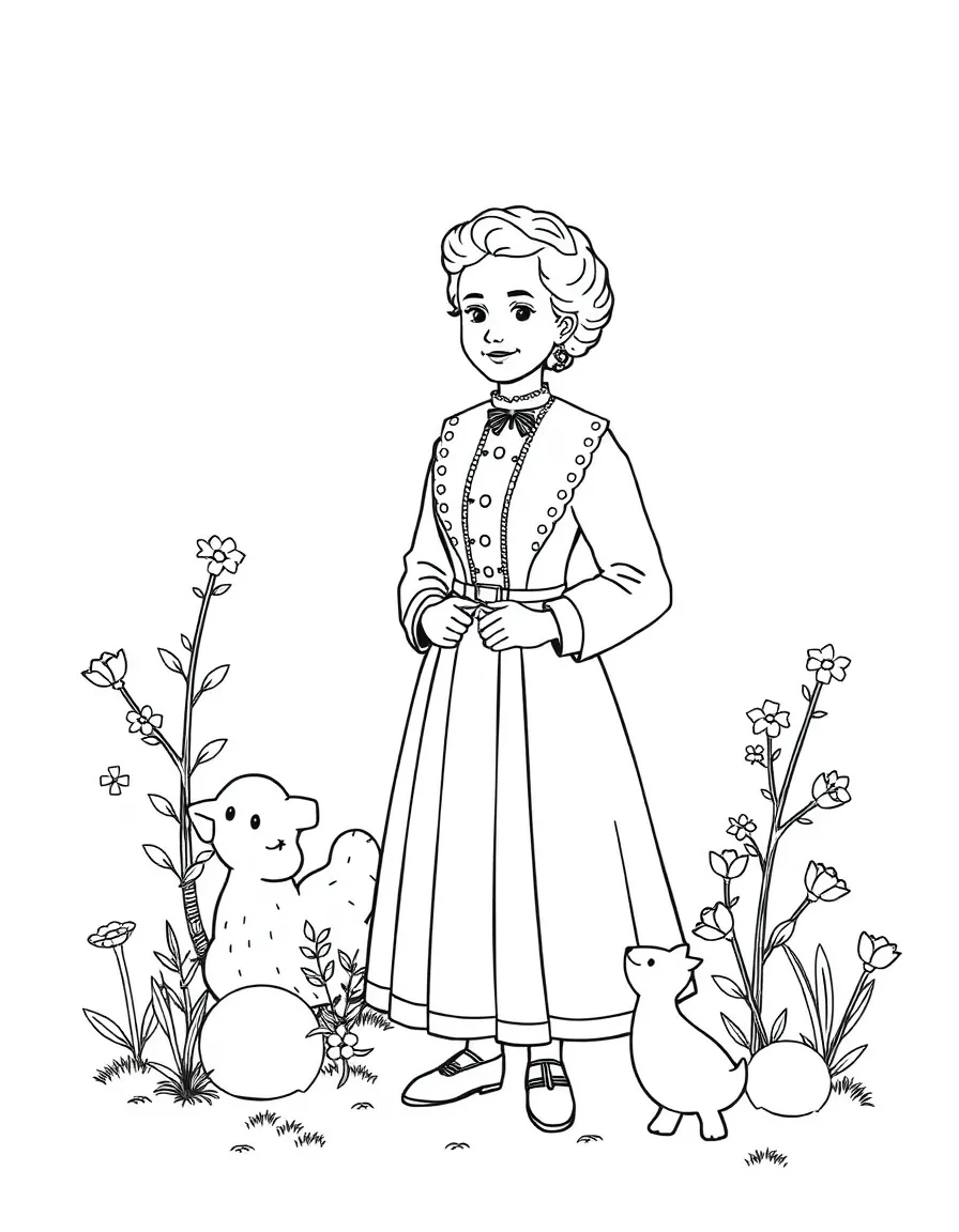 A playful scene showing Marie Curie in a historical outfit with animals, plants, or kids nearby.