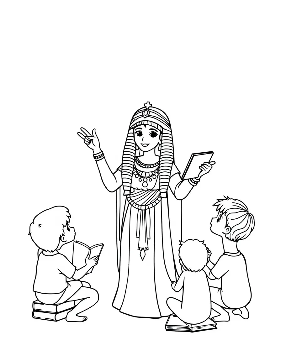 A fun coloring page of Cleopatra giving a speech to children with books and peace signs around.