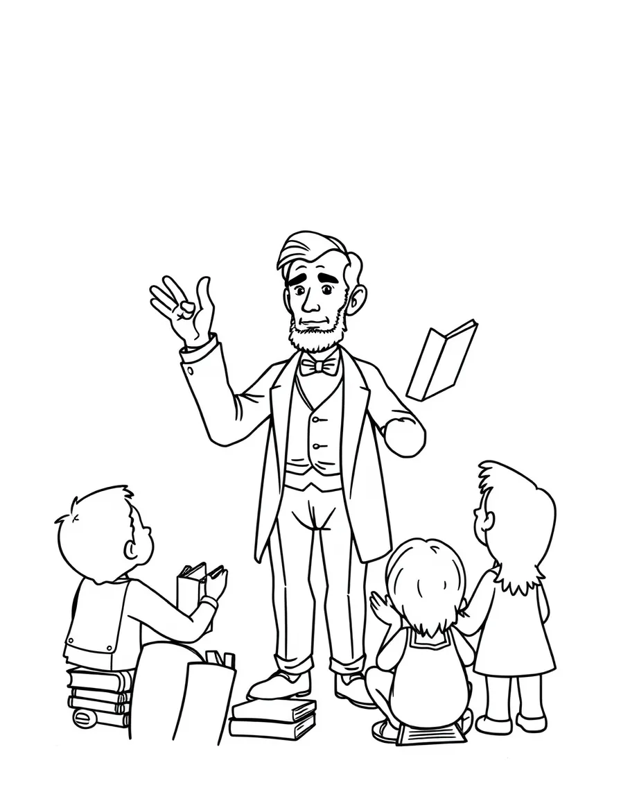 A fun coloring page of Abraham Lincoln giving a speech to children with books and peace signs around.