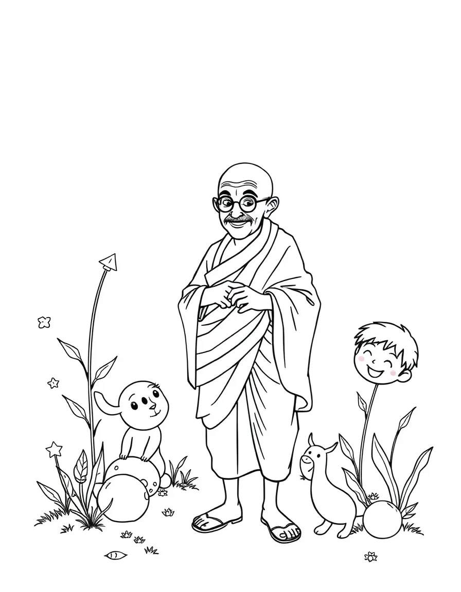 A playful scene showing Mahatma Gandhi in a historical outfit with animals, plants, or kids nearby.