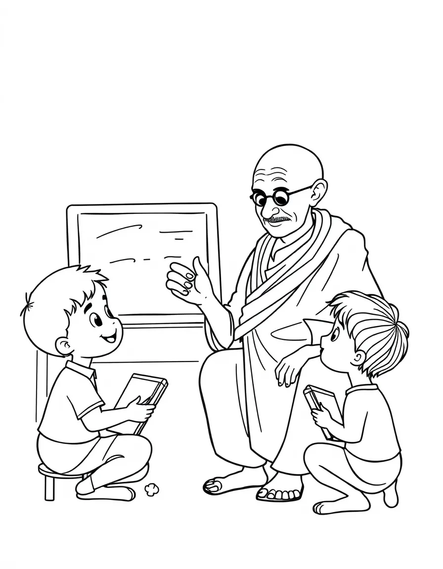 Mahatma Gandhi teaching children, with educational items like chalkboards and pencils, in a friendly classroom scene.