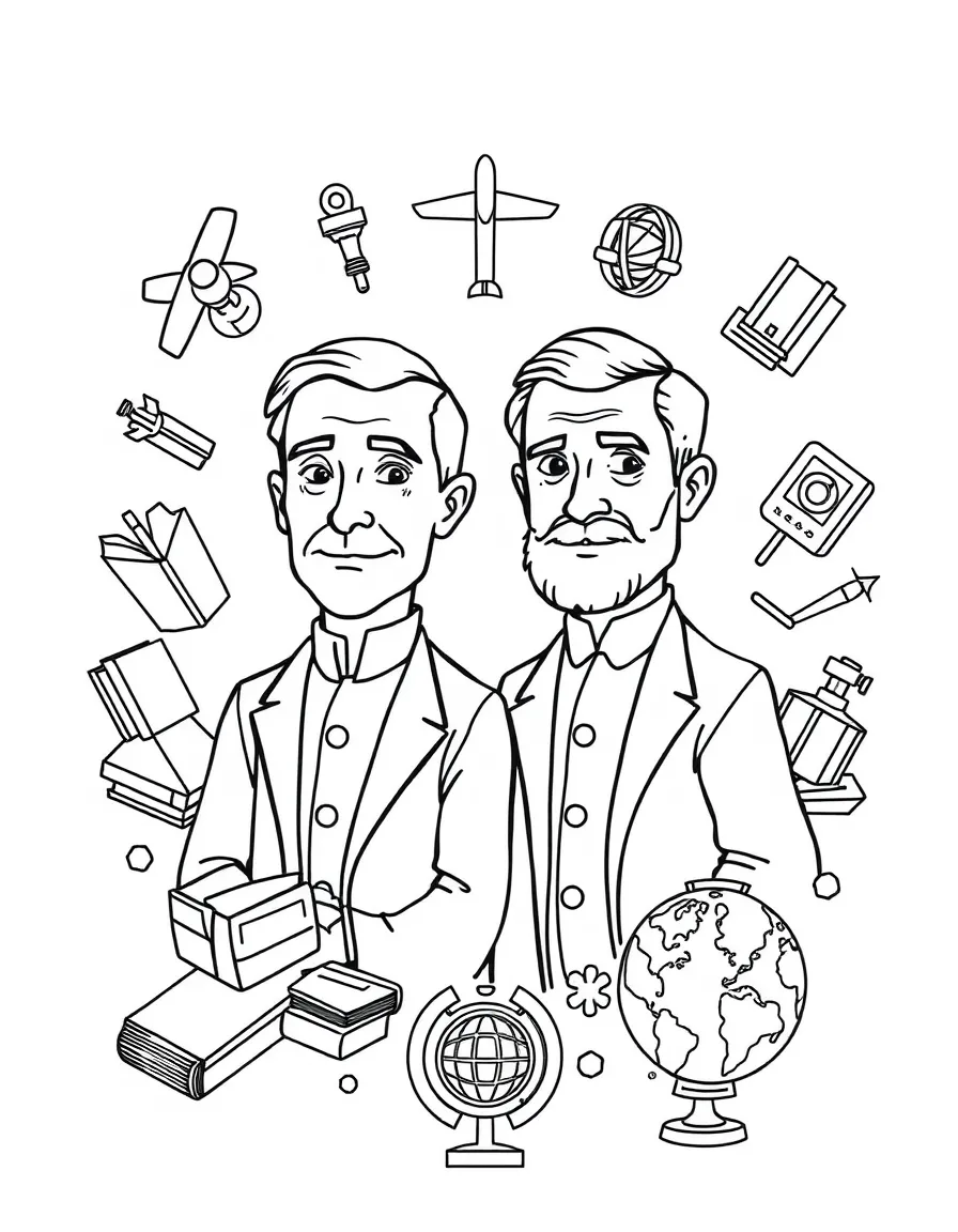 A cartoon-style drawing of The Wright Brothers surrounded by symbols of their achievements, like books, tools, or globes.