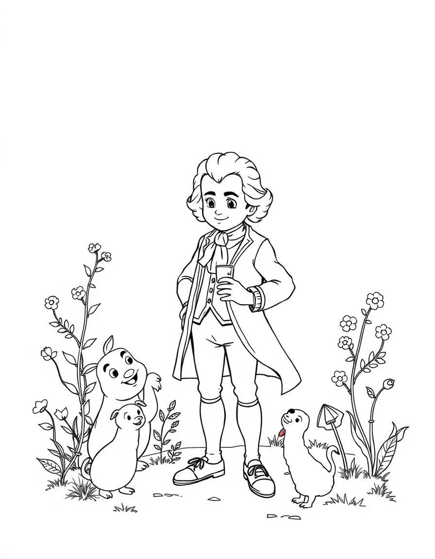 A playful scene showing Mozart in a historical outfit with animals, plants, or kids nearby.