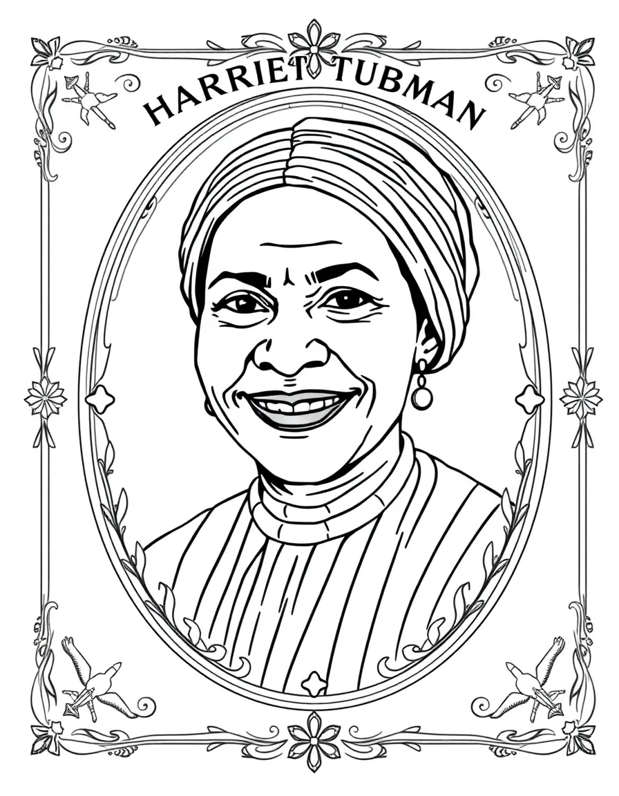 A portrait of Harriet Tubman with a big smile, framed with decorative borders and symbols of their time period.