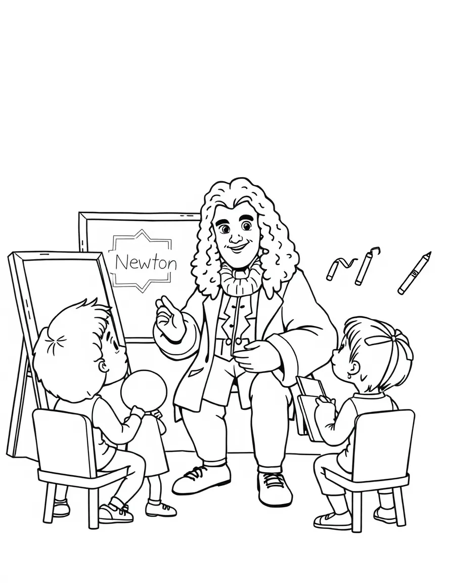 Isaac Newton teaching children, with educational items like chalkboards and pencils, in a friendly classroom scene.