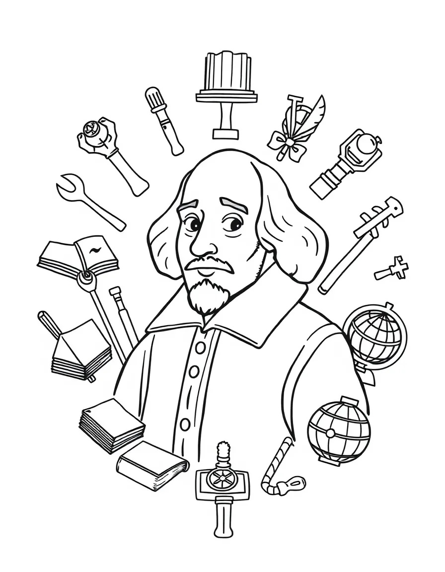 A cartoon-style drawing of William Shakespeare surrounded by symbols of their achievements, like books, tools, or globes.