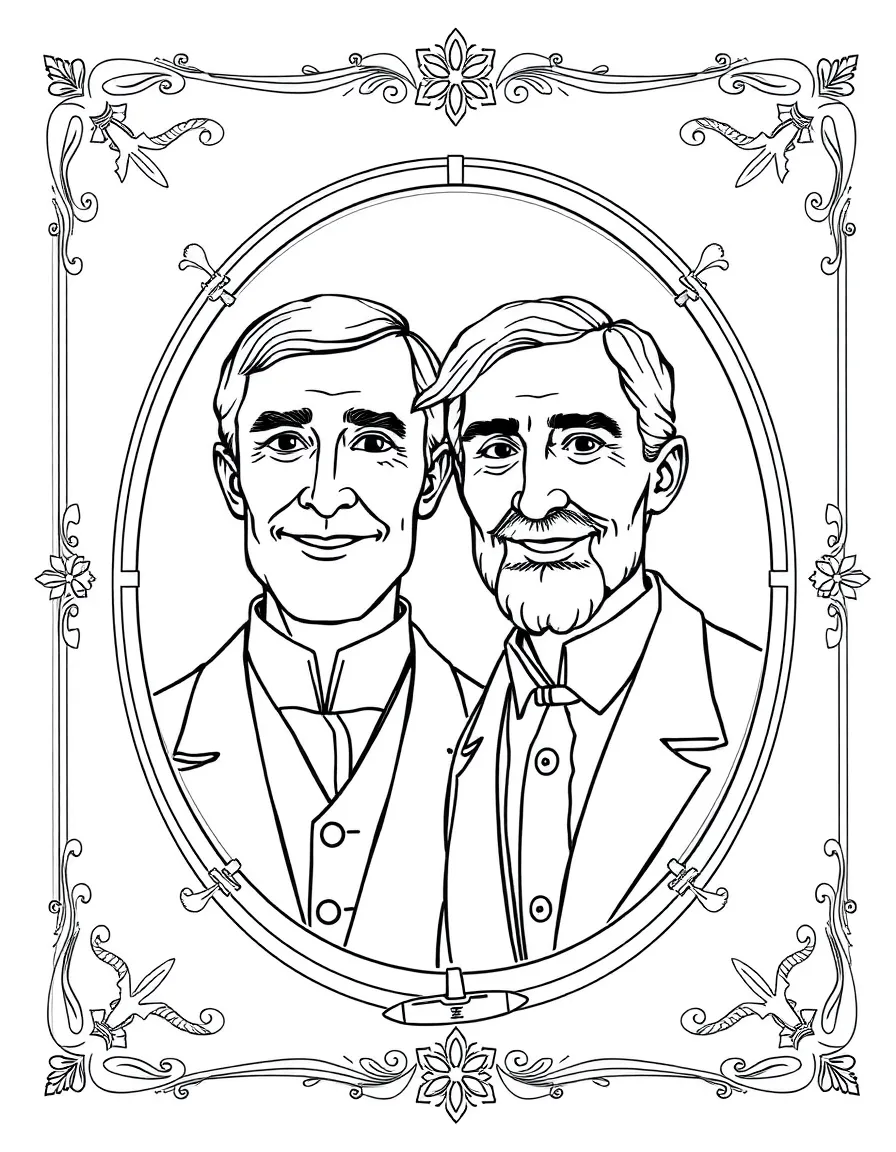 A portrait of The Wright Brothers with a big smile, framed with decorative borders and symbols of their time period.