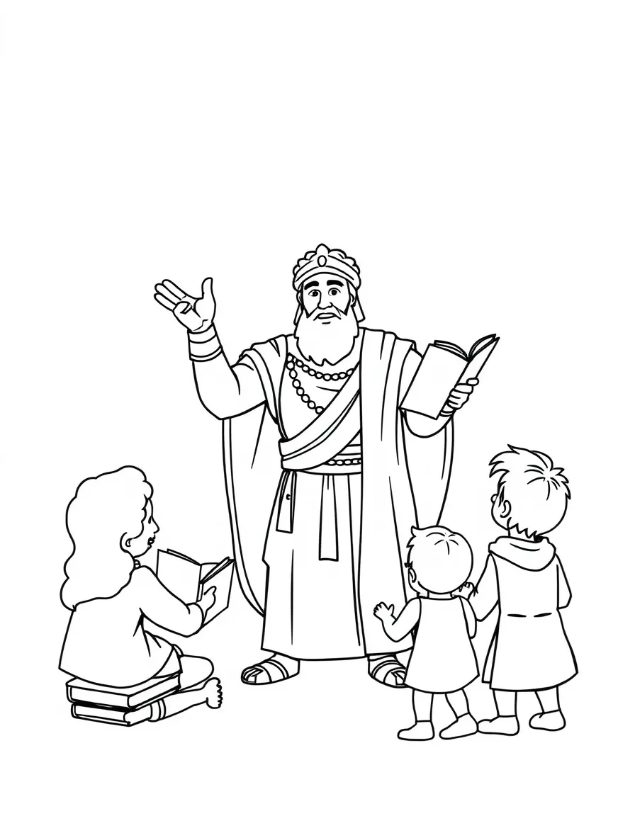 A fun coloring page of Alexander the Great giving a speech to children with books and peace signs around.