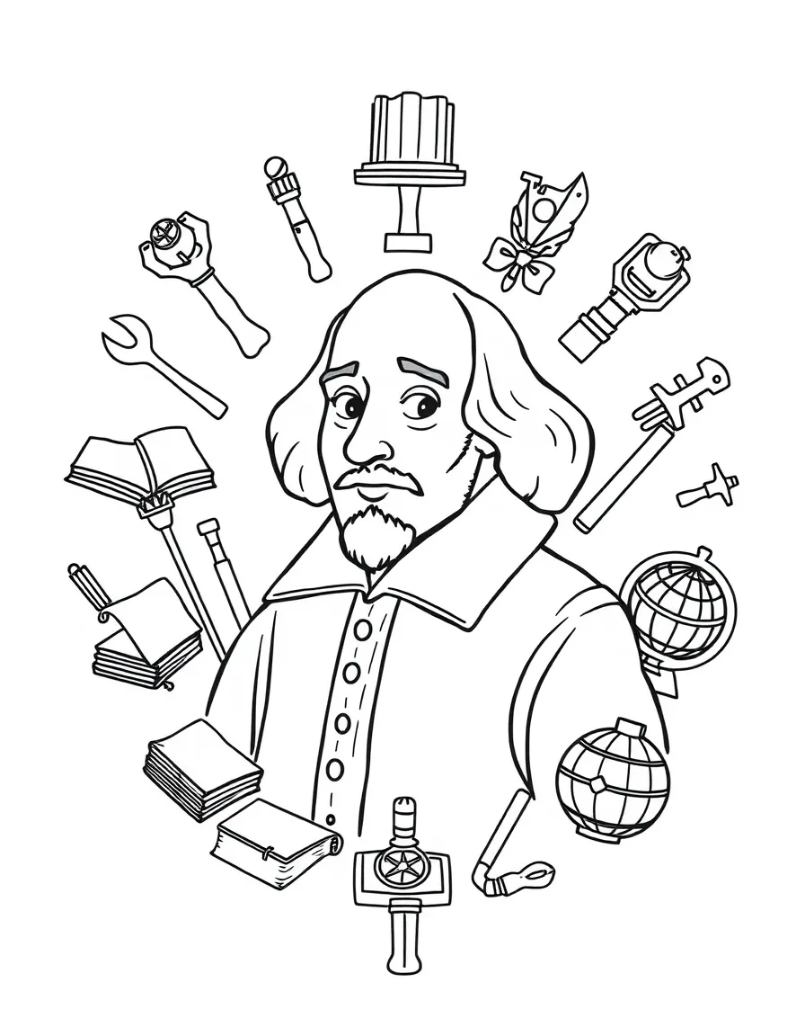 A cartoon-style drawing of William Shakespeare surrounded by symbols of their achievements, like books, tools, or globes.